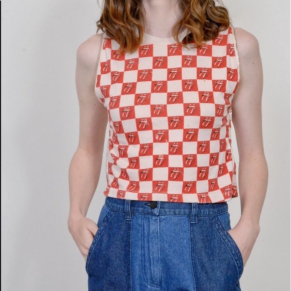 MadeWorn Rolling Stones Checkered tongue repeat  zip Tee Tank - Picture 1 of 8